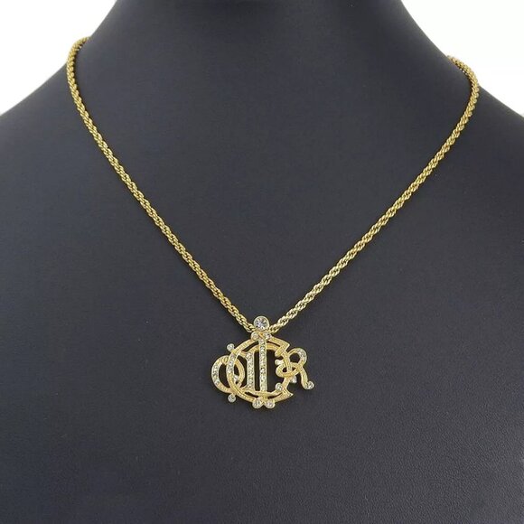 Dior Emblem logo Necklace Plated Gold/Rhinestone 11g Women - Picture 1 of 6